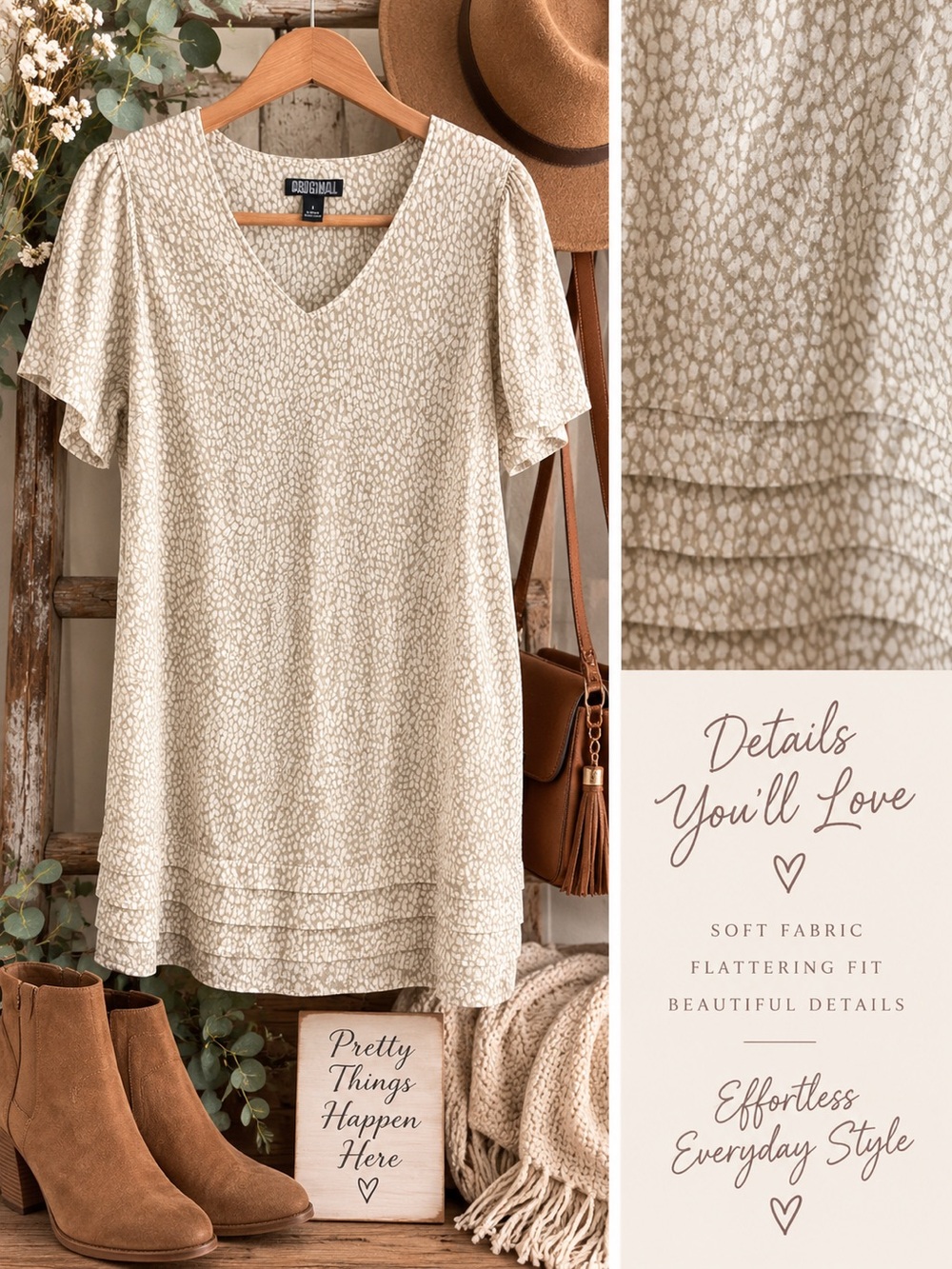Original Nicole Miller Cream V-Neck Flutter Sleeve Tunic with Subtle Print